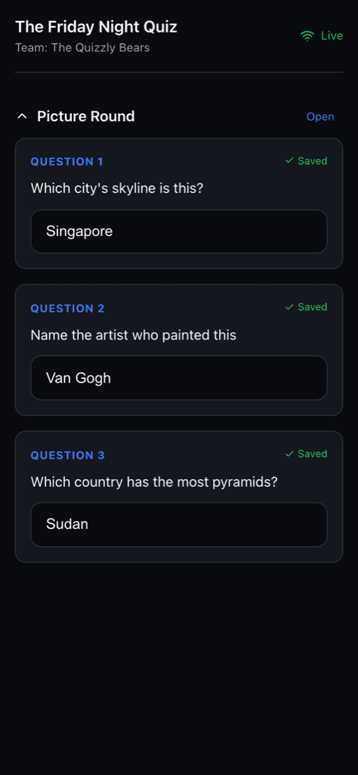 The same question on a team's phone, with their answer typed in